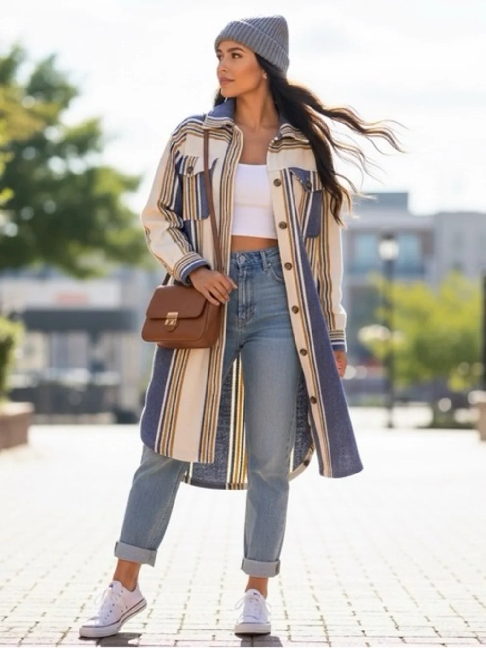 Aerie Oversized Flannel Shacket Jacket Cream Blue Stripe Cotton Size M - Picture 5 of 13